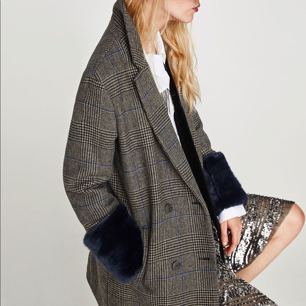 COPY - NWT Zara look alike Tartan Plaid Checked Coat with Fur Cuffs